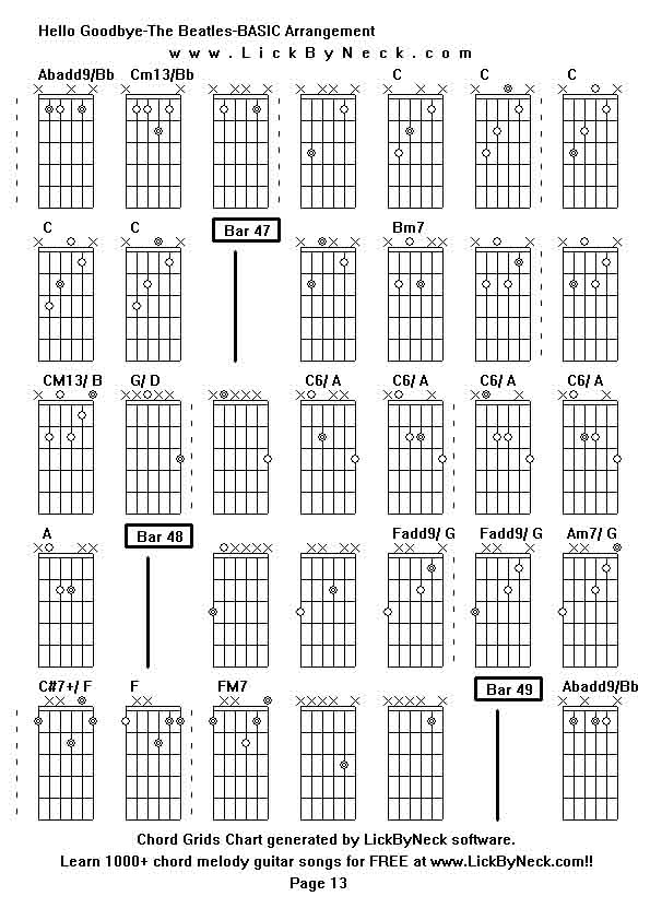 Chord Grids Chart of chord melody fingerstyle guitar song-Hello Goodbye-The Beatles-BASIC Arrangement,generated by LickByNeck software.